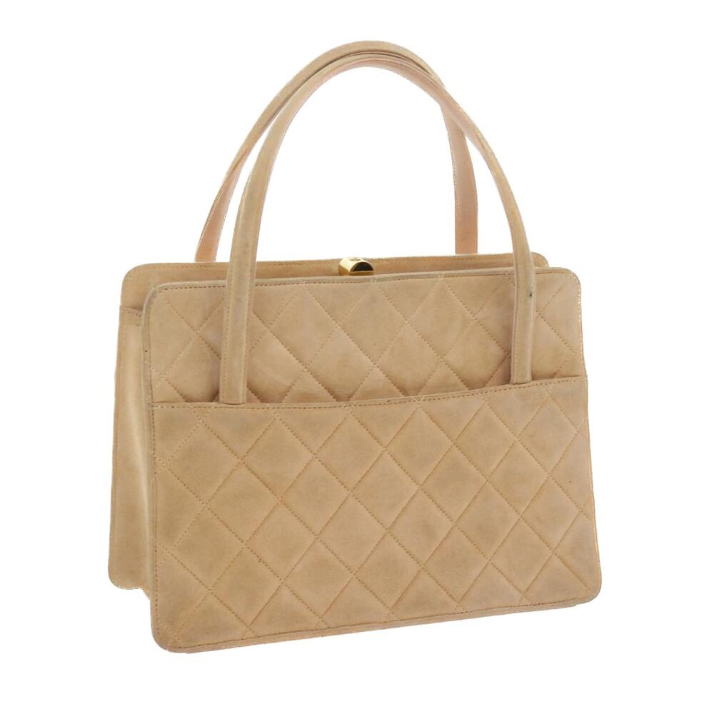 CHANEL Gamaguchi Hand Bag Suede Beige CC